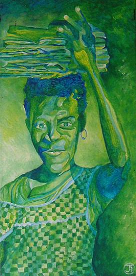 Enfant africaine aux livres, 30x60 cm, peinture acrylique, 2004