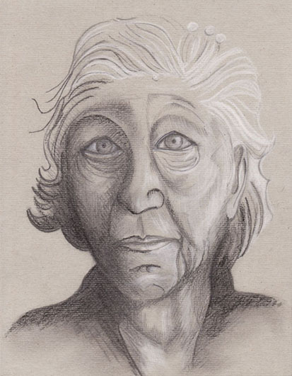 Titre : Vielle femme-1, mine de plomb, pierre noire et crayon blanc sur papier gris, 2006